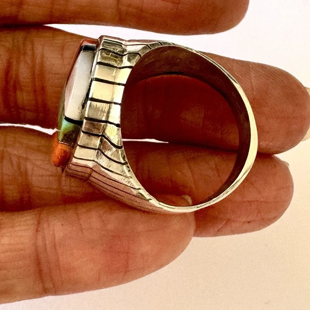 BIG Turquoise Multi Stone Inlay Mens Ring Sz 12 Navajo Sterling Signed Jack 34mm